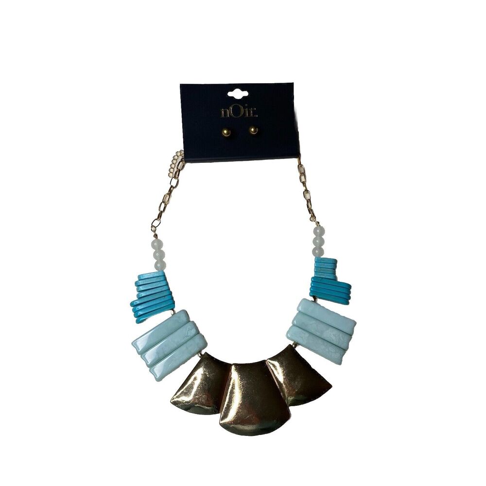 Noir Concho Turquoise White Choker Necklace & Gold Round Earrings Brand New